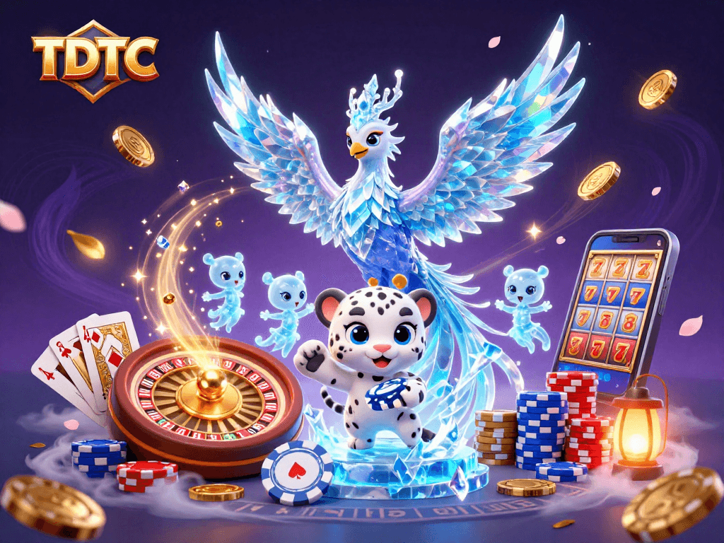 Engage with TDTC through captivating 3D casino-themed digital illustration packed with vibrant characters and gaming elements.