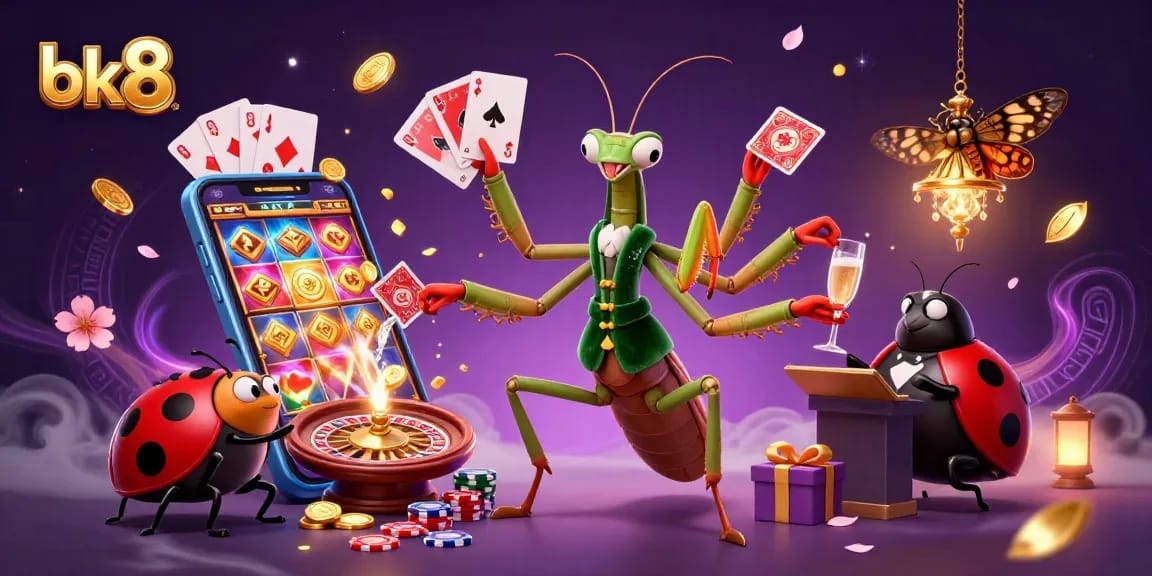 Experience thrilling gameplay with bk8 featuring a cartoon mantis dealer, gaming elements, and lavish casino ambiance.
