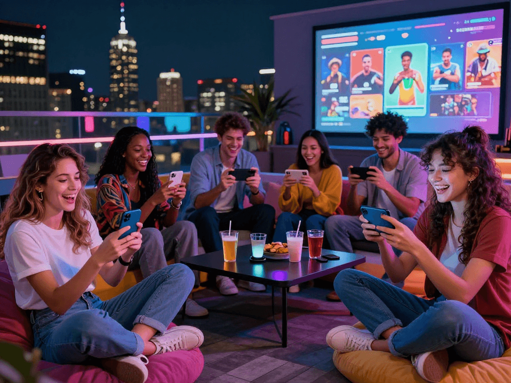 Mobile porn games players enjoying an engaging rooftop gaming session with vibrant city skyline.