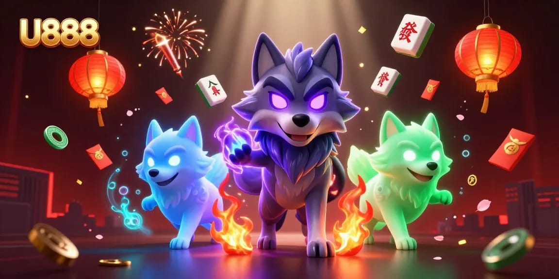 Experience U888's thrilling casino atmosphere with glowing wolves and festive game elements