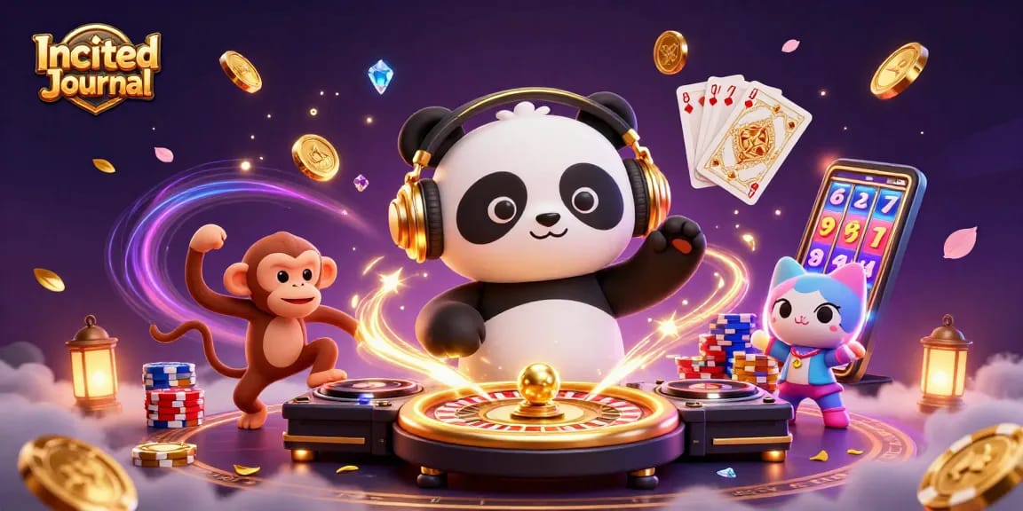 Experience the thrill at Incited Journal with a vibrant 3D casino scene featuring a DJ panda, dancing monkey, and glowing kitten.