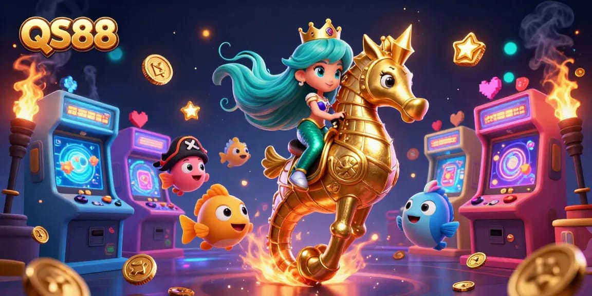 Experience excitement with QS88's vibrant 3D casino illustration featuring mermaid princesses and game machines.