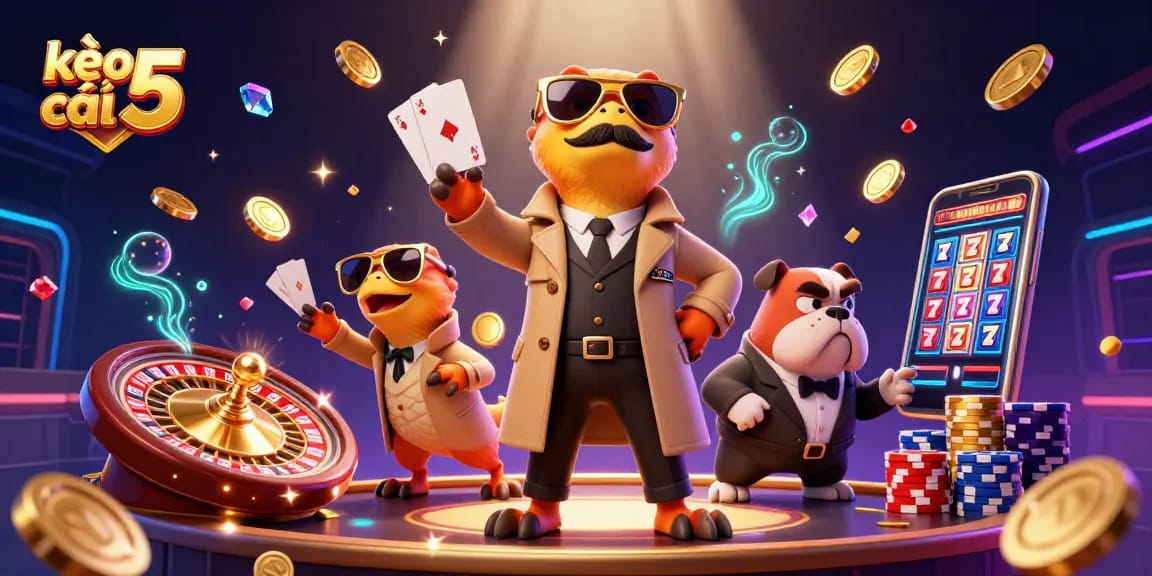 Engage with kèo nhà cái 5 as raptors attempt a VIP casino debut, surrounded by vibrant game elements.