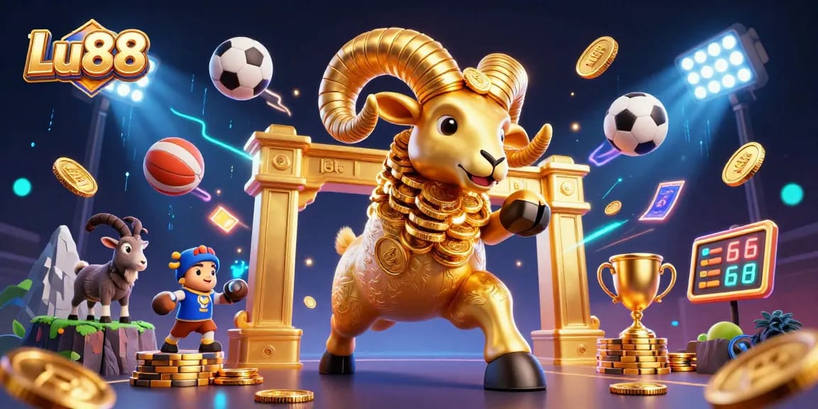 Lu88 illuminates players' winning moments with a golden ram charging through a dynamic casino scene.