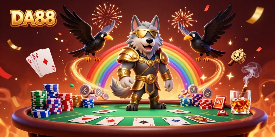Engage in exciting poker action with DA88's vibrant casino-themed illustration featuring dynamic characters and game elements.