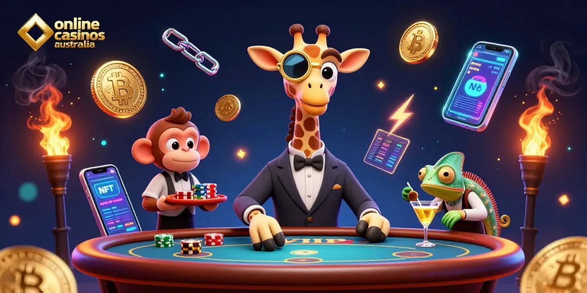 Engage in online casinos Australia with a high-roller giraffe at a VIP poker table amidst crypto elements.