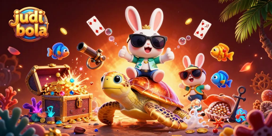Engage in judi bola with playful visuals of a lucky rabbit and golden turtle in an underwater scene.