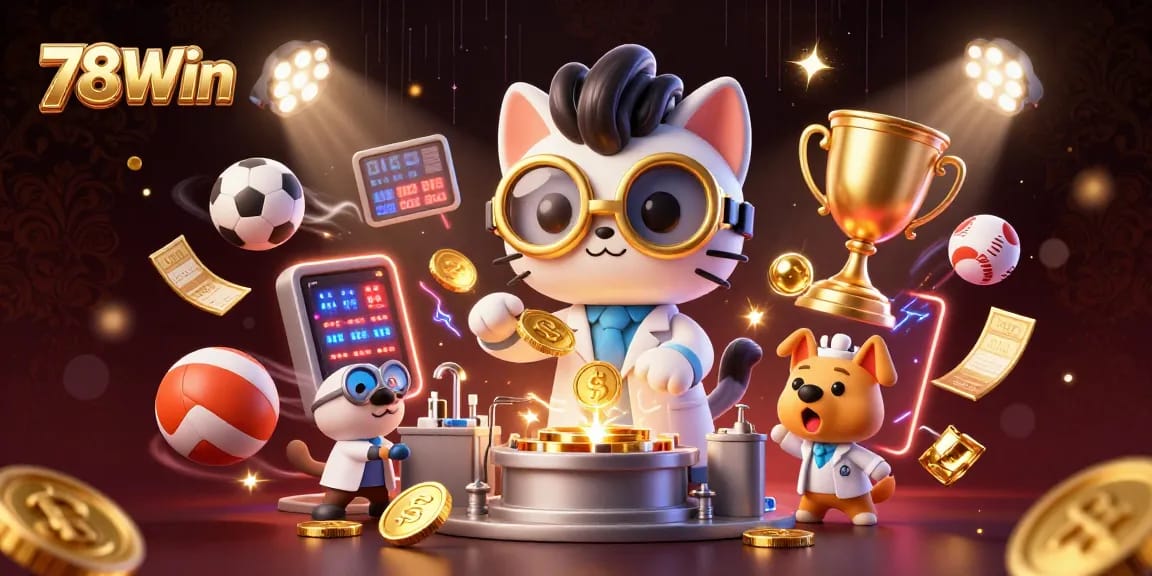 Engage in the thrill of 78Win with animated sports betting action and charming characters in a dynamic casino scene.