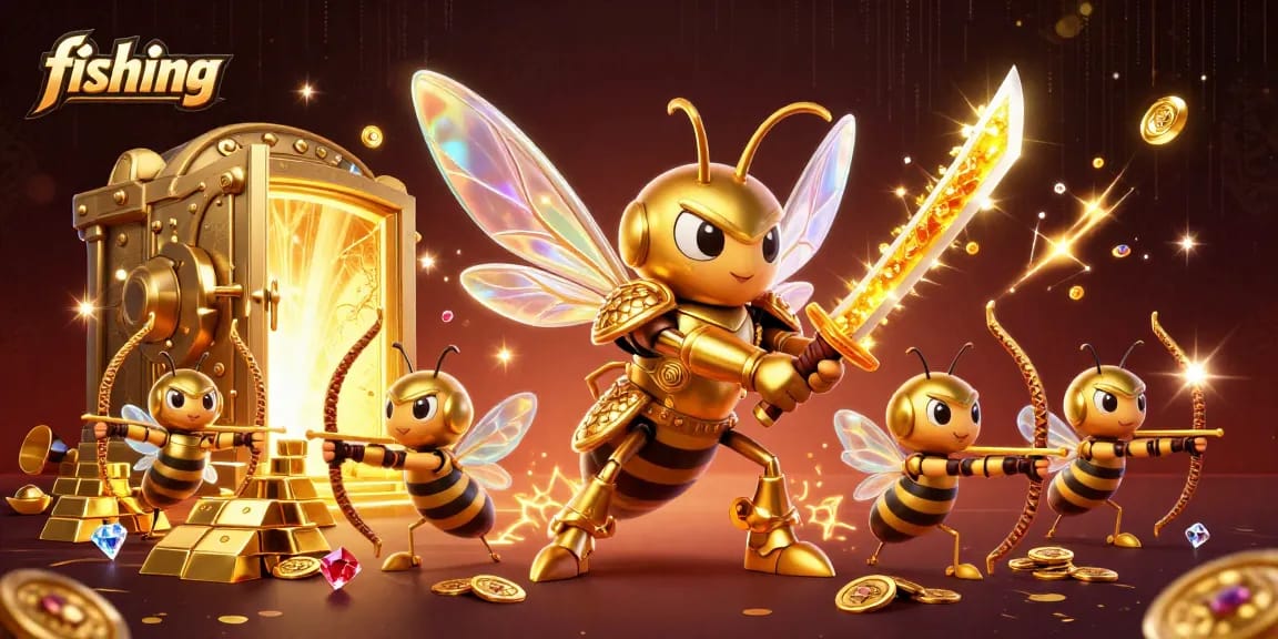 Fishing-themed casino illustration showcasing vibrant characters and rich gold treasures.