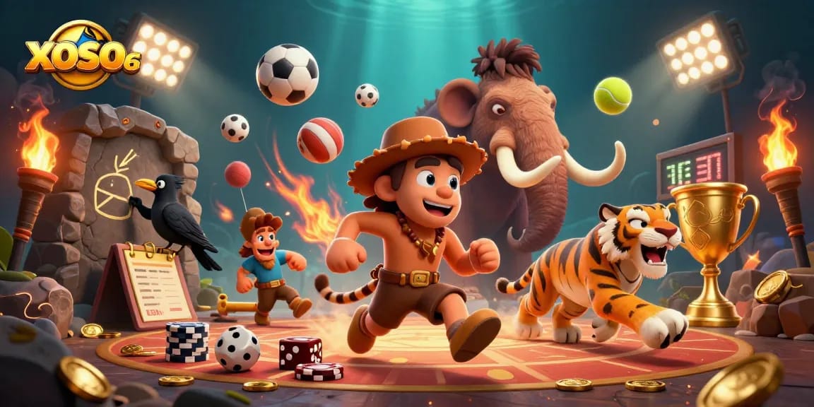 xoso66 interactive gambling scene featuring cavemen and sports elements in prehistoric casino setting