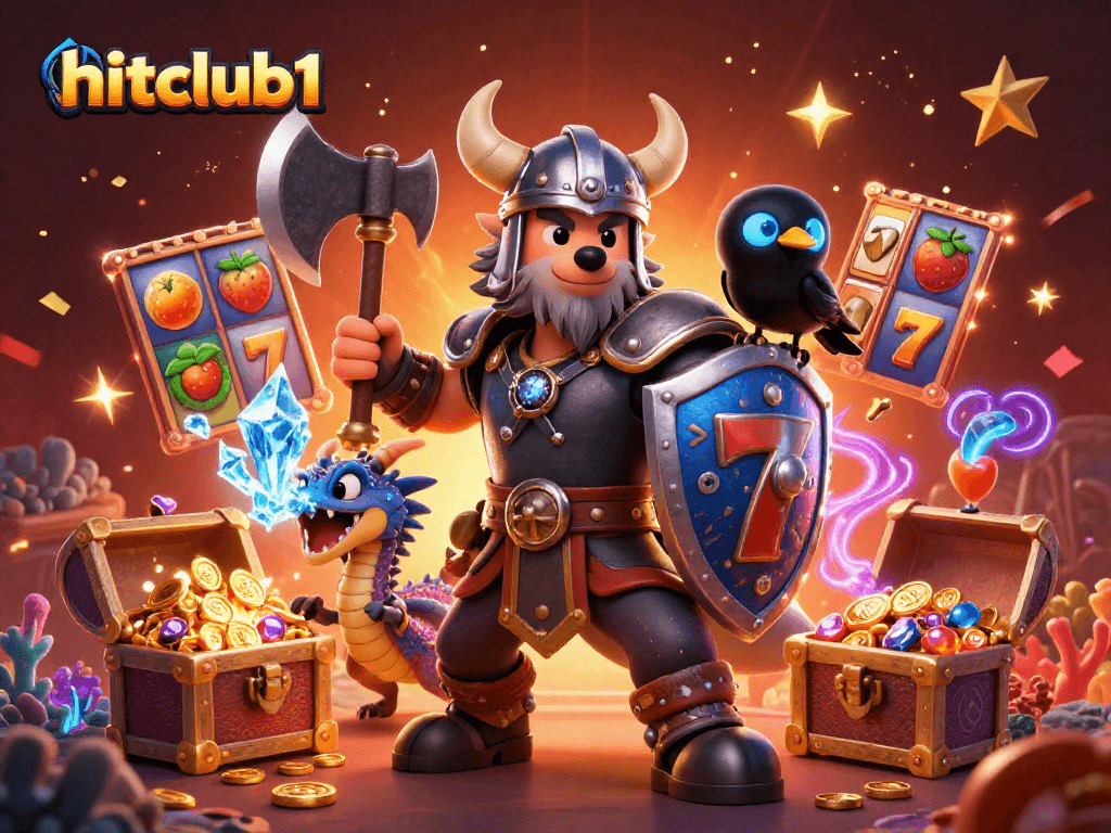 hitclub1 showcases thrilling slots with Viking characters, colorful gems, and ice dragon in vibrant 3D scene.