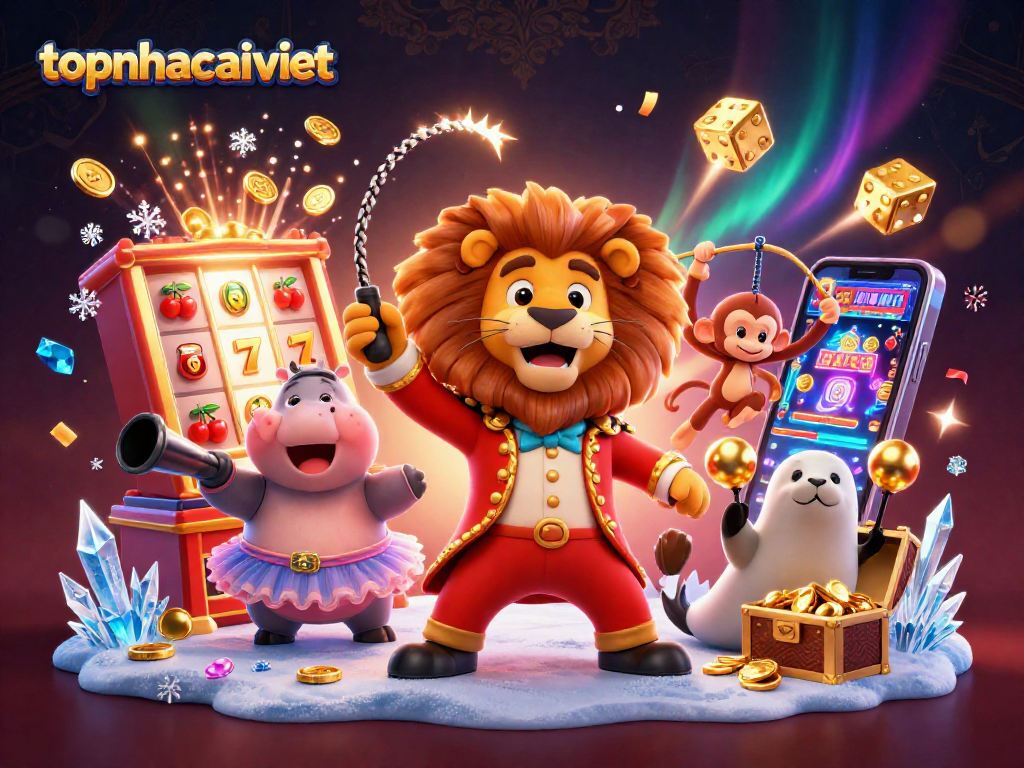 Experience the thrill of gaming at topnhacaiviet with vibrant characters in a dynamic 3D casino illustration.