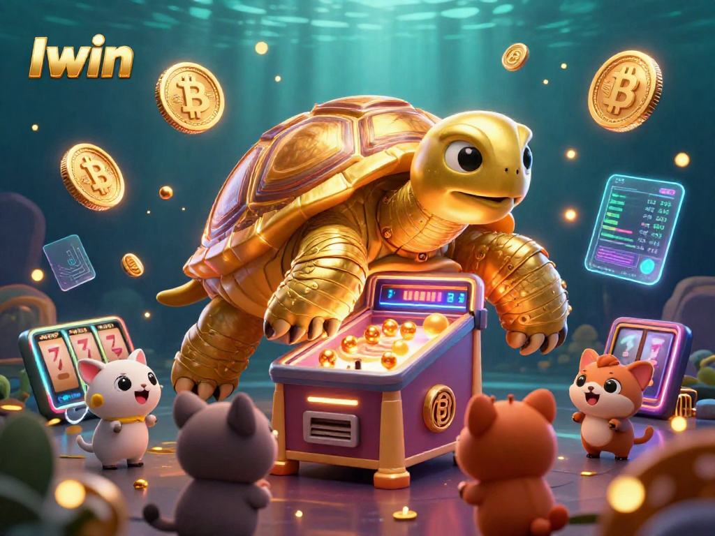 Iwin: Enjoy thrilling pinball slots with dazzling crypto elements in a vibrant casino setting.