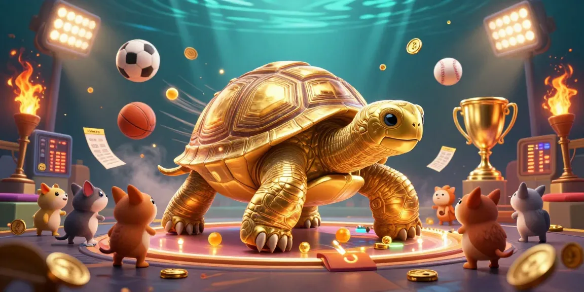 Engage with the vibrant gaming scene at llwin featuring a colossal tortoise pinball machine amidst dynamic sports elements.