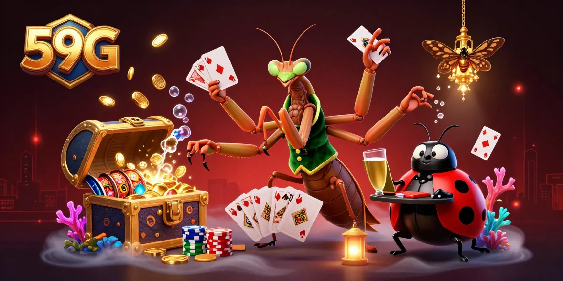 Join the excitement at 59G, where a giant mantis card sharp and ladybug pit boss create a vibrant casino atmosphere filled with treasures.
