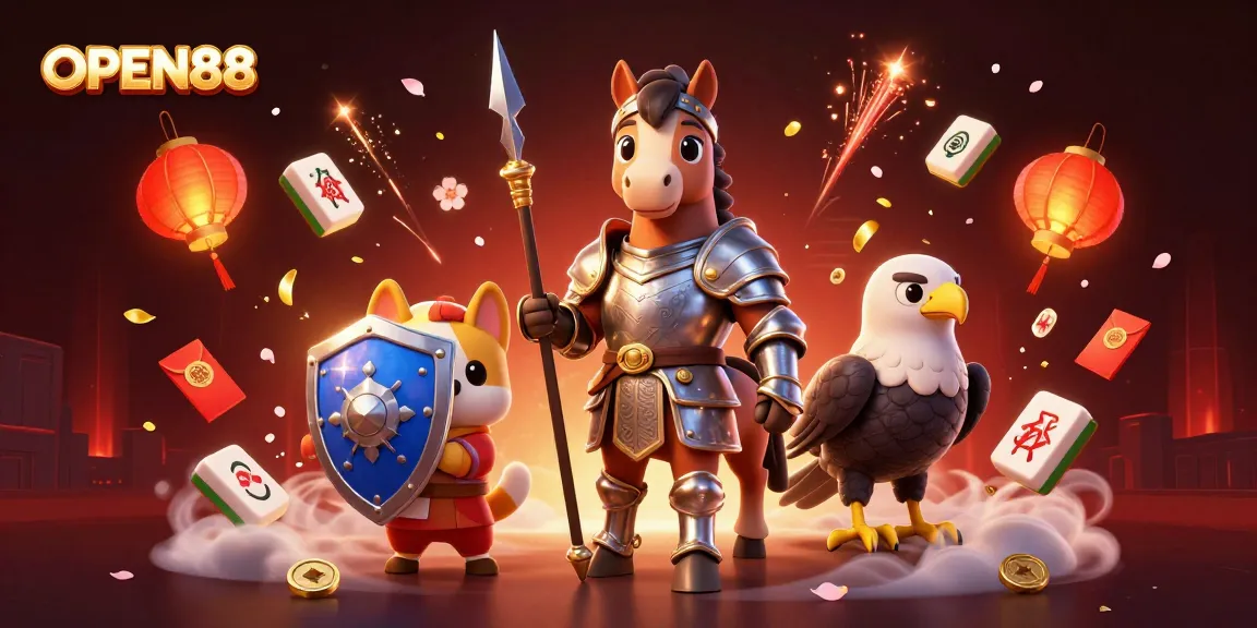 Engage in thrilling games on OPEN88 with a knight, squire, and falcon amidst vibrant casino elements.