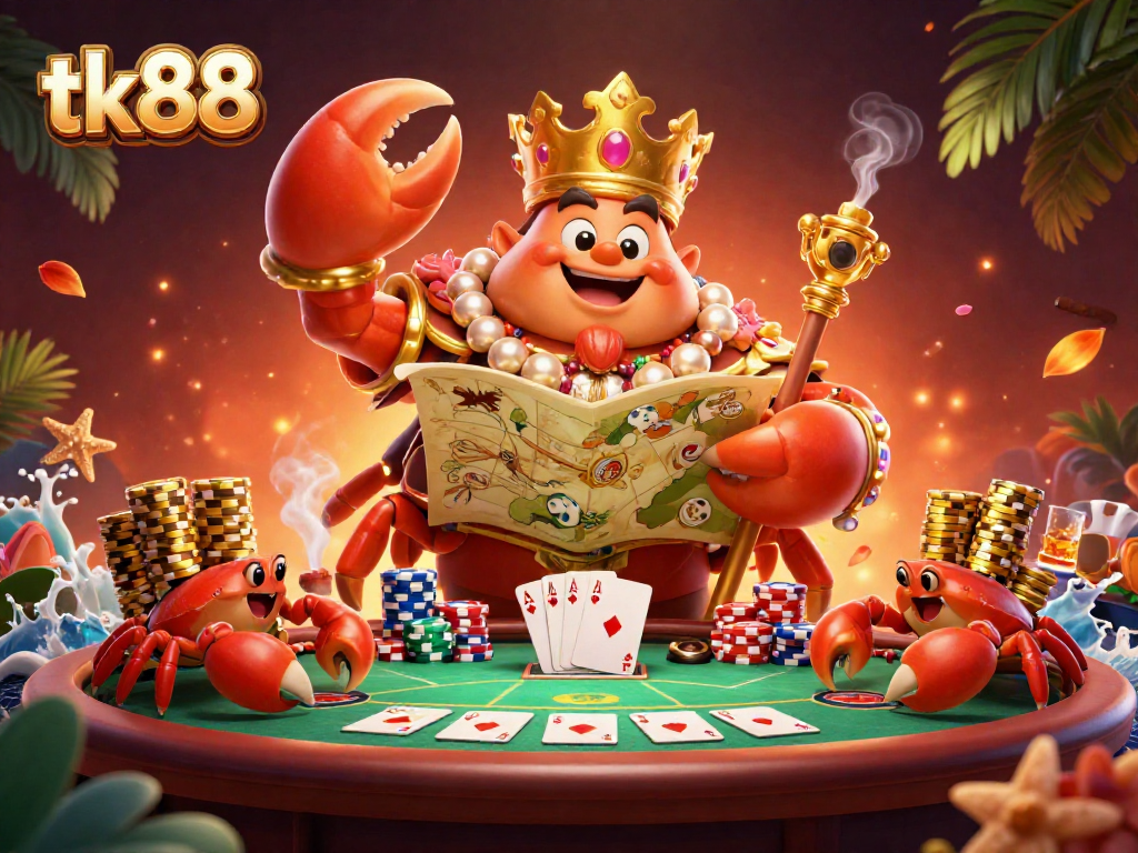 Engage with tk88's vibrant casino scene featuring a golden crab emperor at a high-stakes poker table.