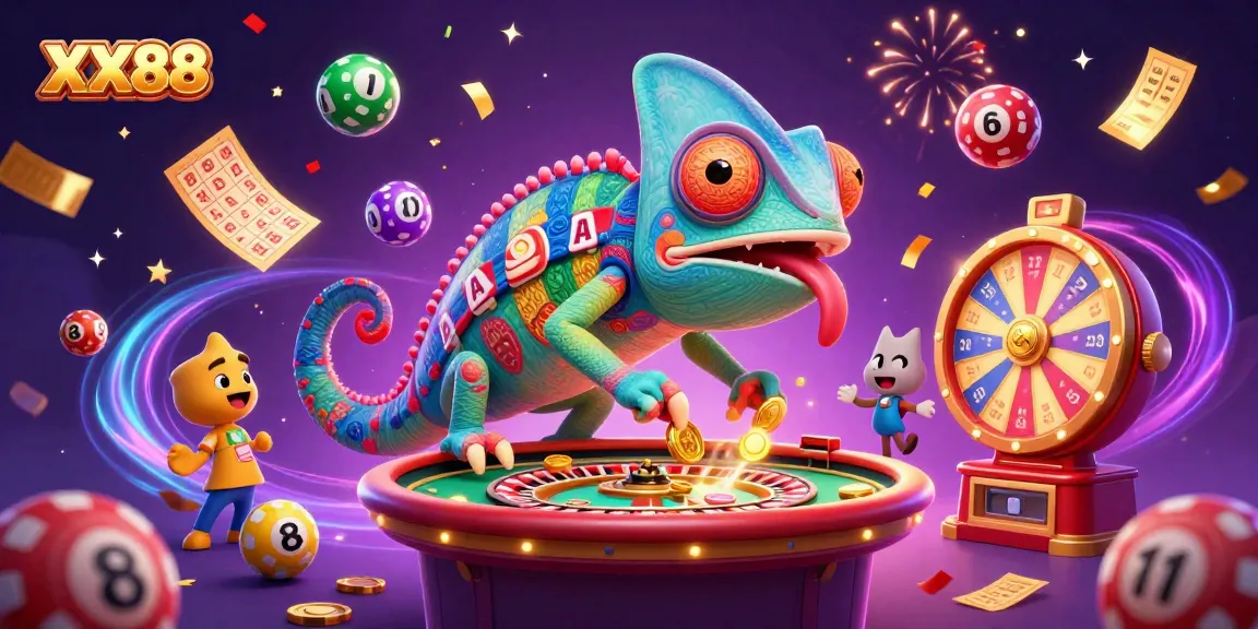 Experience the joy of winning at XX88 with a chameleon casino owner amid dynamic gaming elements.