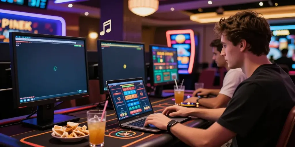 Player enjoying a gaming session at casinos not on gamstop with vibrant screens and ambient lighting.