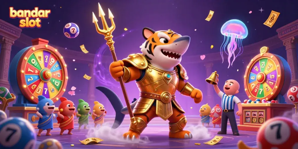 Experience the excitement of bandar slot with a dynamic underwater casino scene featuring a golden tiger shark and lively game elements.