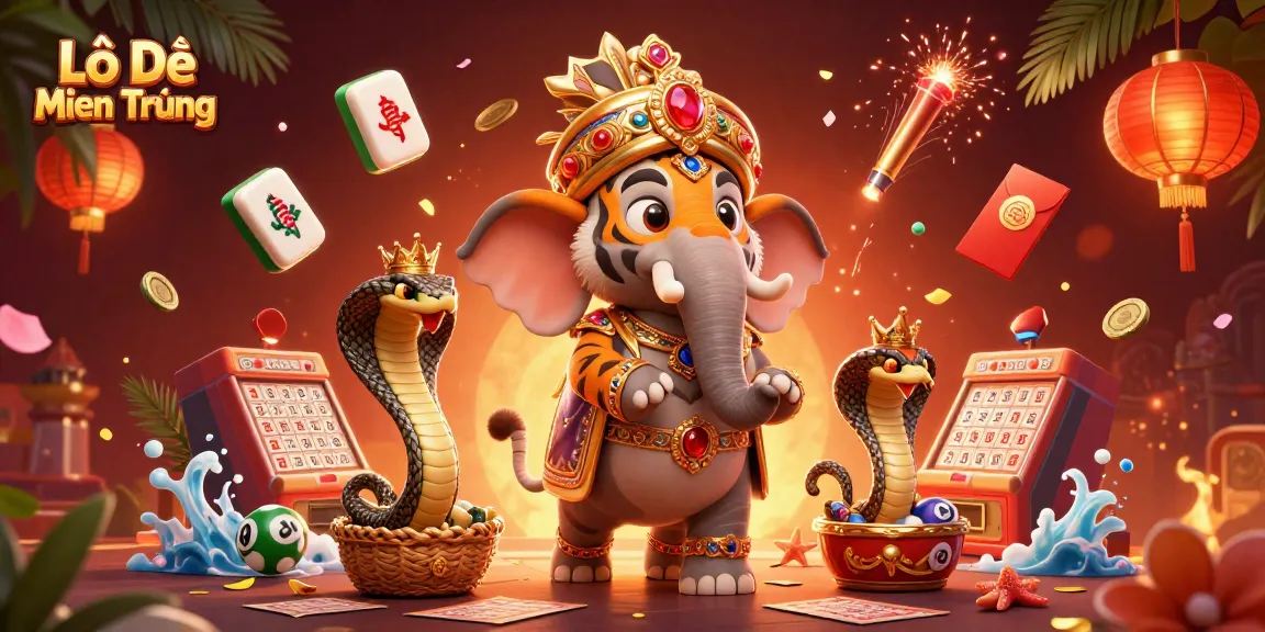 Lô Đề Miền Trung lottery drawing scene with a maharaja tiger, elephant, and cobra surrounded by game elements.