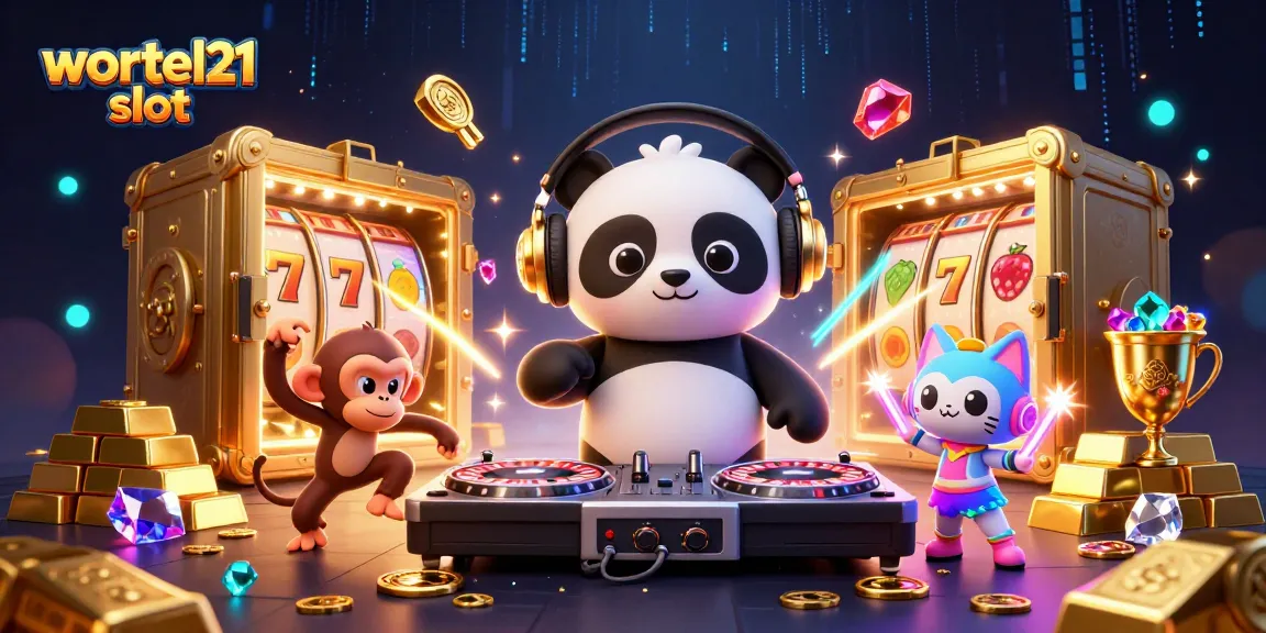Engage in gameplay at wortel21 slot with vibrant DJ panda and lively characters amidst a treasure-filled scene.