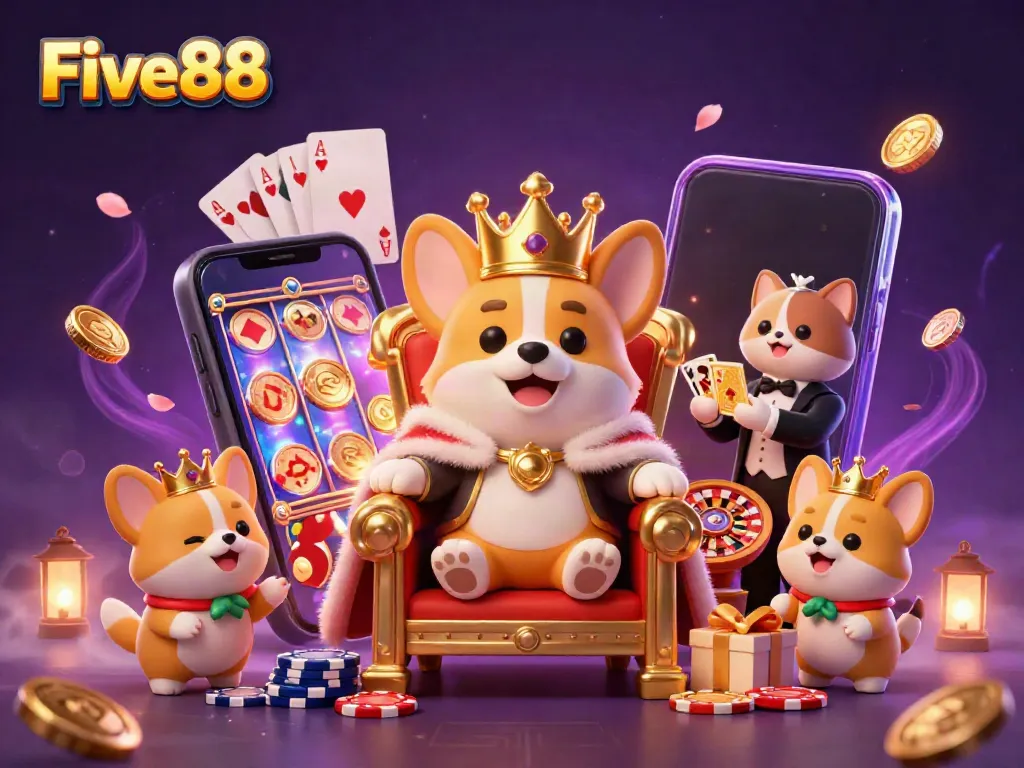 Join the vibrant Five88 experience with a royal corgi on a throne amid a wealth of winning gaming elements.