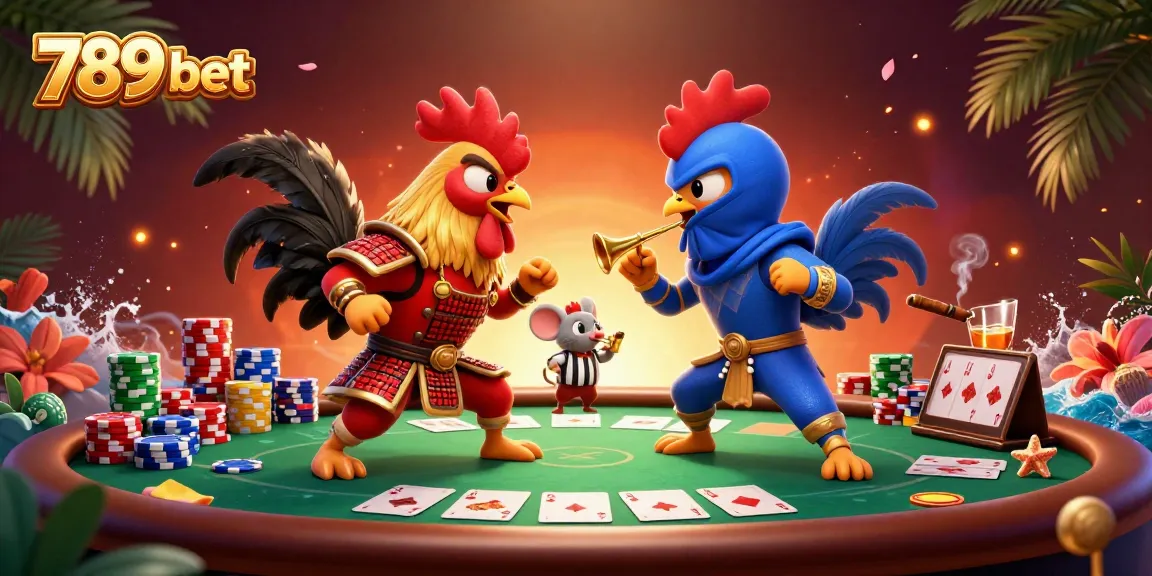 Engage in thrilling action with 789 bet's dynamic casino duel featuring fighting roosters and poker elements.