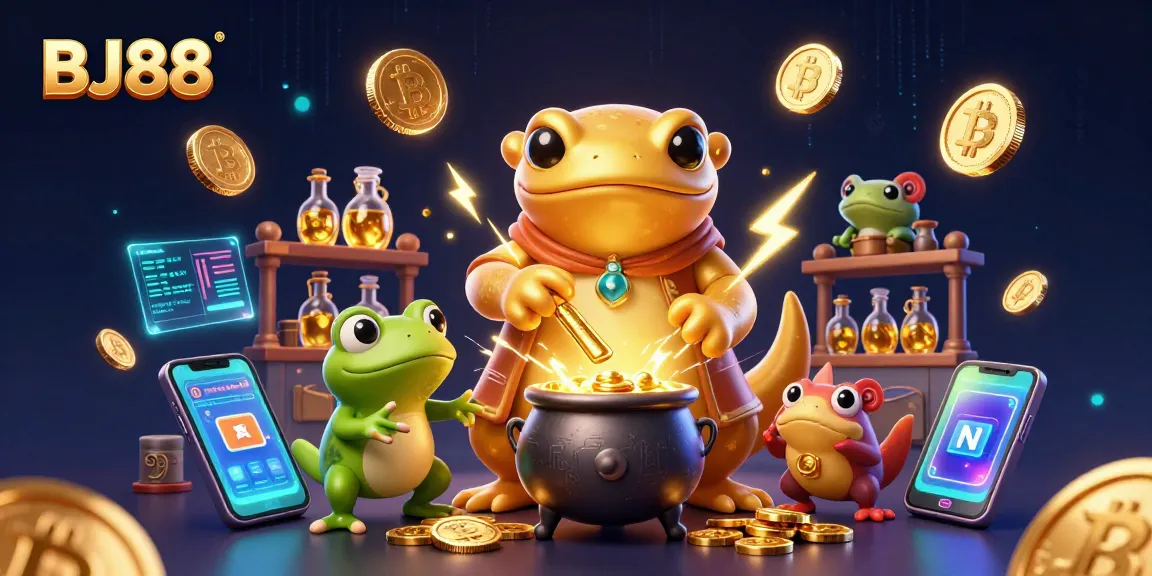 Experience BJ88 with a magical scene of alchemy, gold coins, and cryptocurrency elements for online betting.