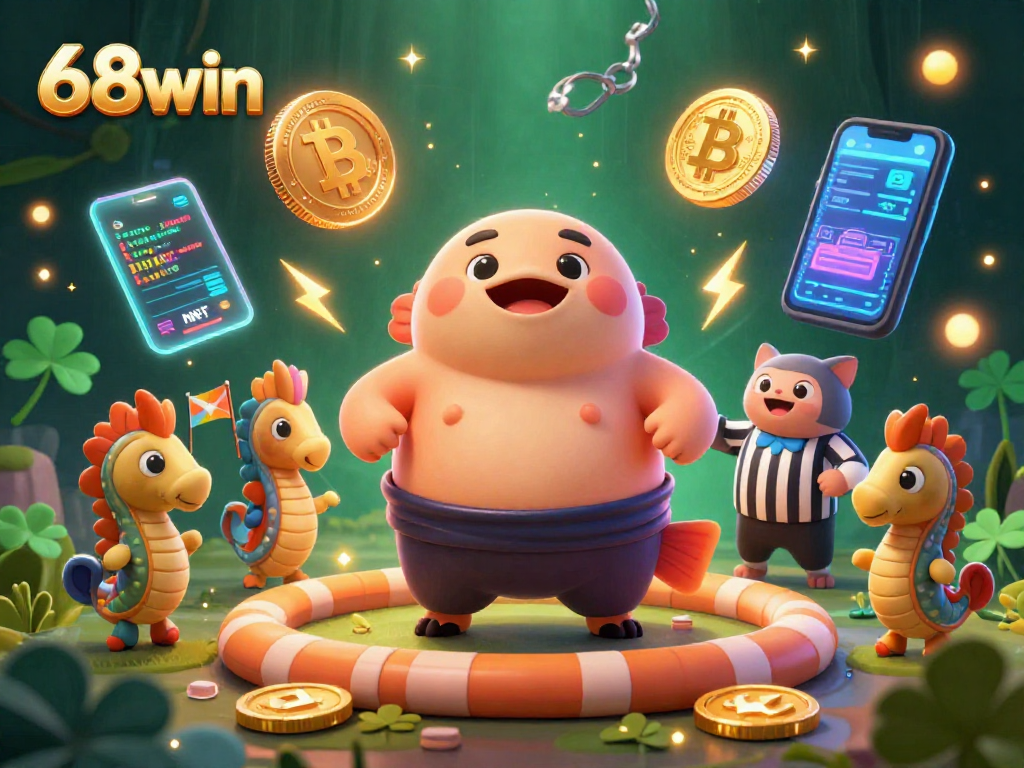 Engage with thrilling 68win gameplay featuring a gigantic fugu in an underwater casino ring surrounded by crypto elements and vibrant spectators.