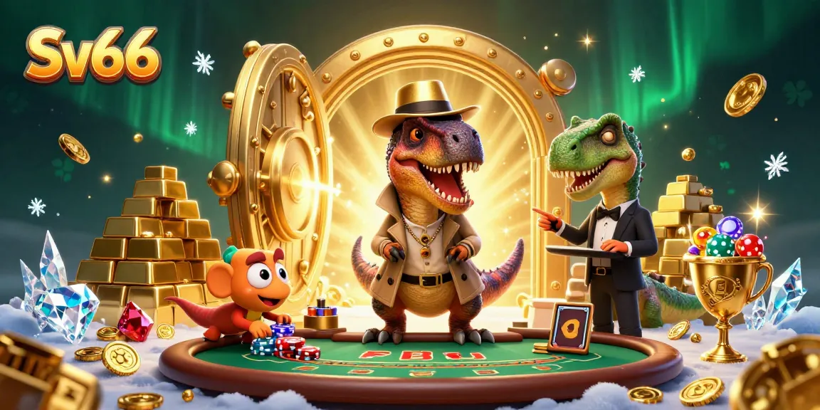 Engage in thrilling gameplay at Sv66, featuring a velociraptor at a blackjack table amidst sparkling treasures.