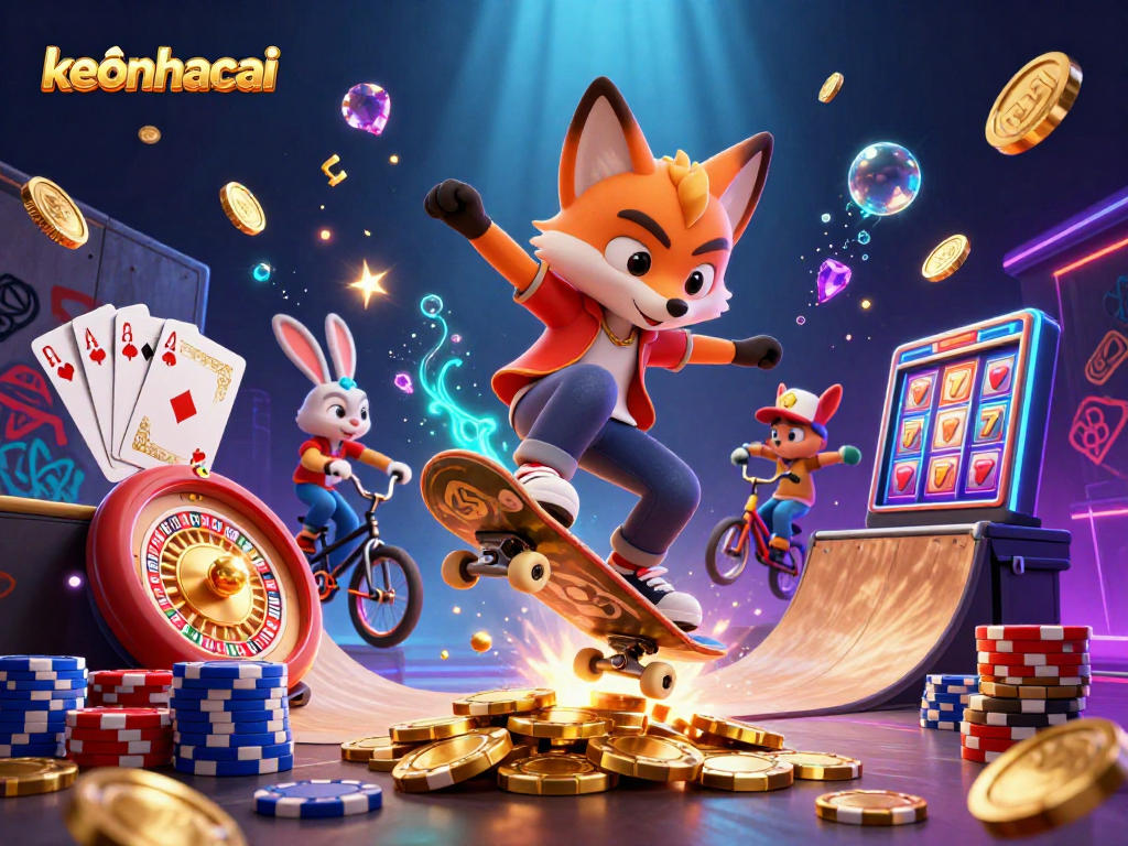 Experience the excitement of keonhacai as the fox and rabbit perform stunts amidst vibrant casino elements.