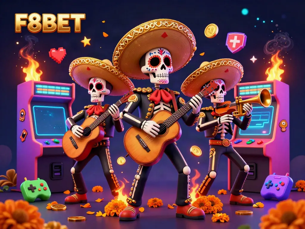 Engage in gaming fun with F8BET's vibrant illustration featuring a colorful mariachi band amid classic arcade elements.