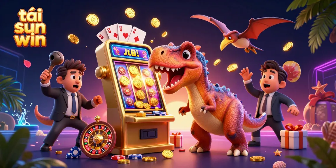Experience the excitement of tải sun win with a whimsical casino scene featuring a dino slot machine jackpot.