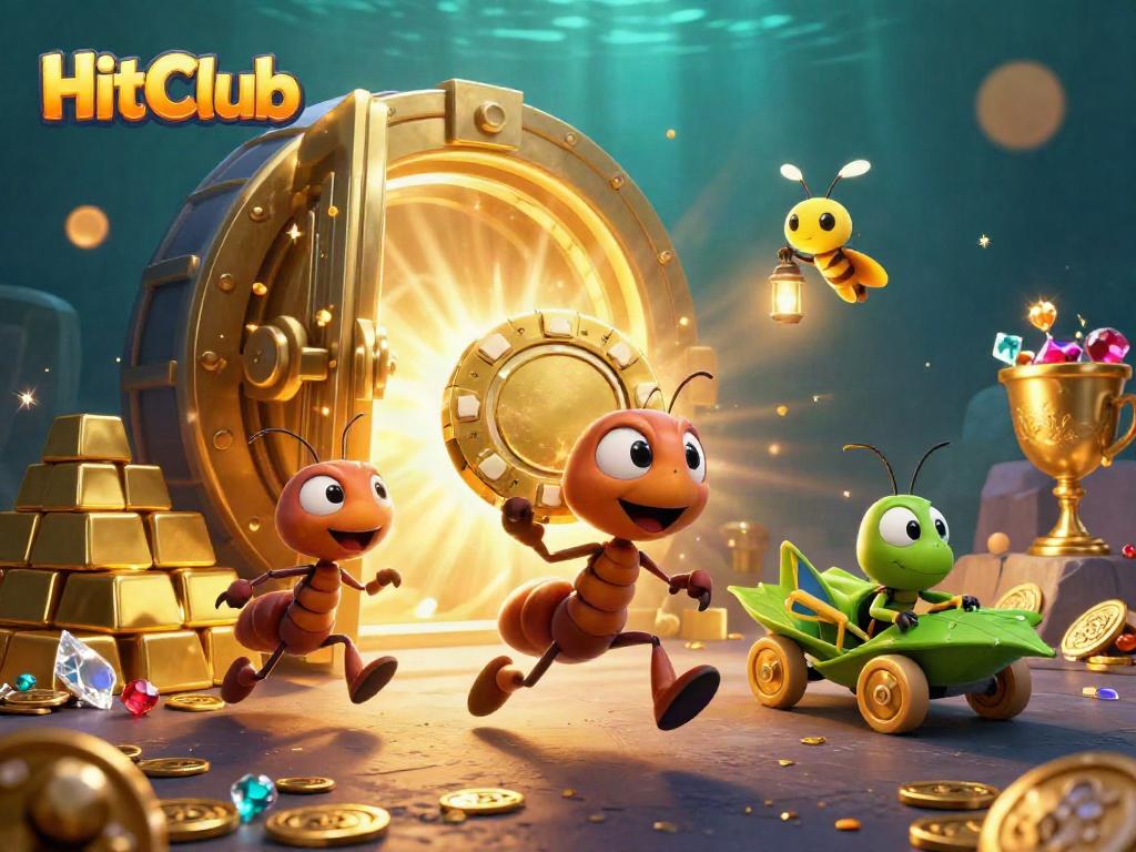 HitClub ants heist for a giant poker chip amidst a treasure-filled casino scene