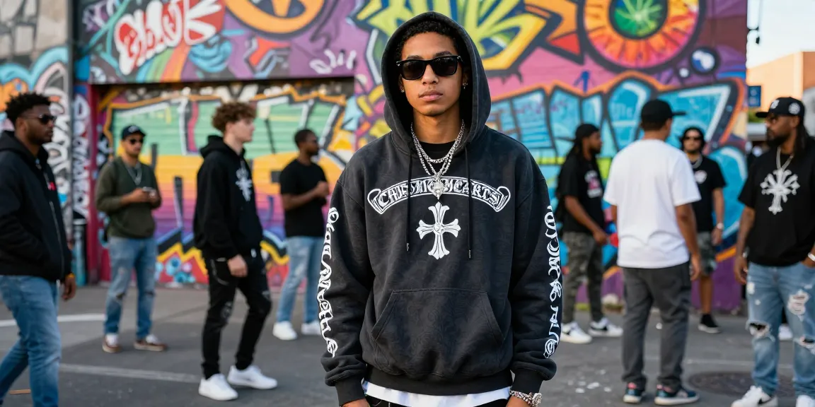 Fashionable individual showcasing Chrome Hearts hoodie and accessories in vibrant urban setting.