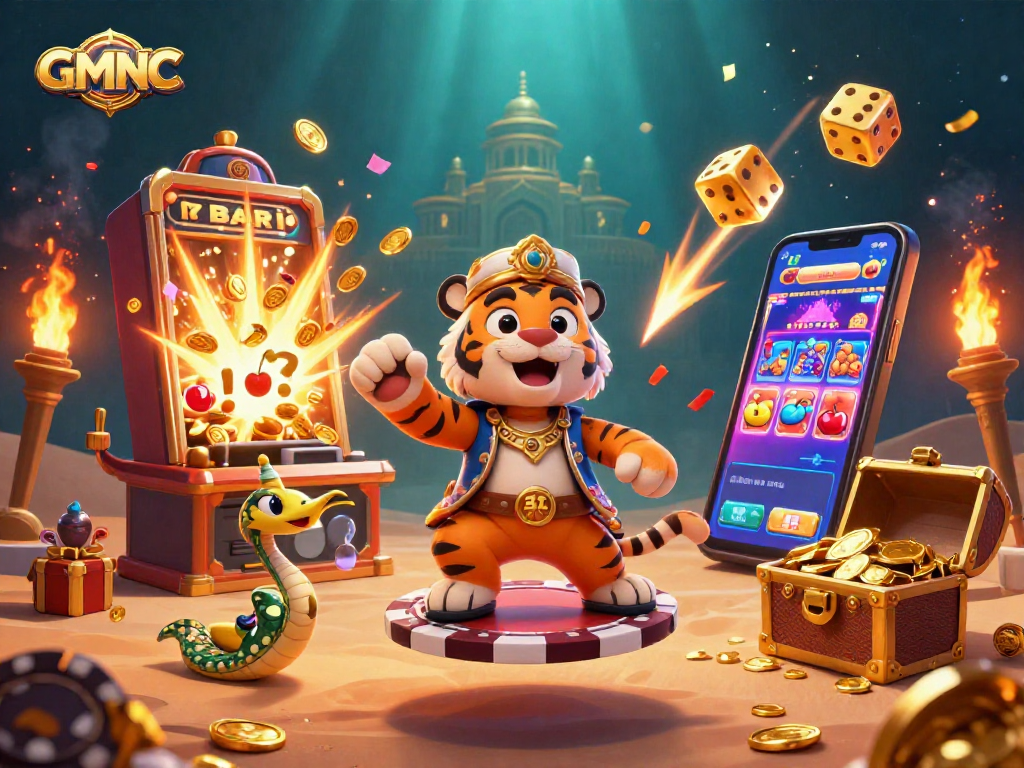Play exciting slot games at GMNC with our vibrant casino illustration showcasing thrilling jackpots.