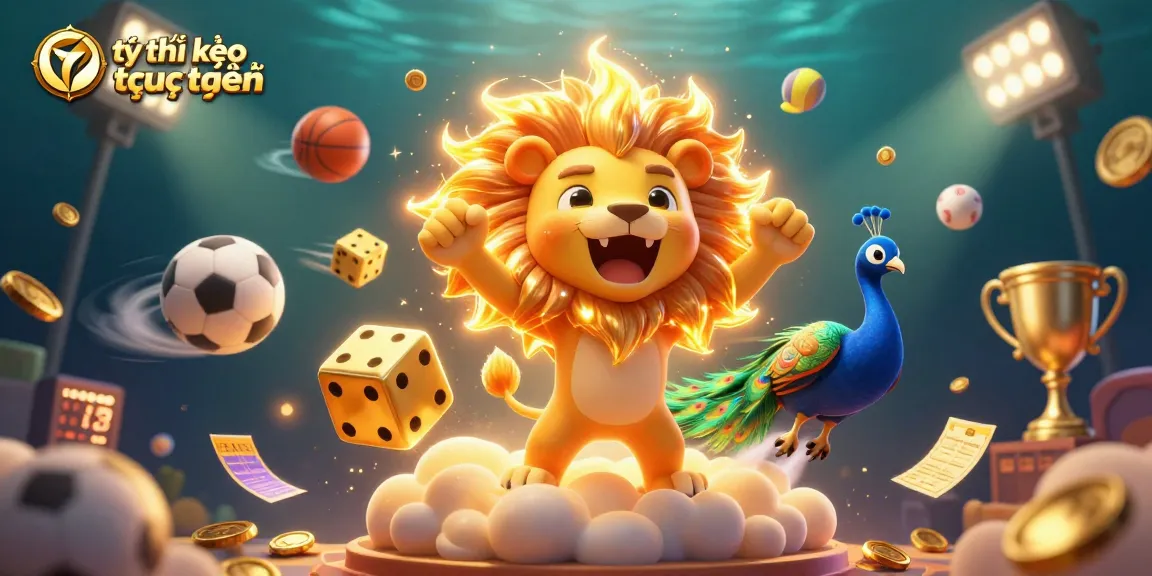 Experience the excitement of tỷ lệ kèo trực tuyến with our dynamic 3D illustration featuring a roaring sun lion and sports elements.