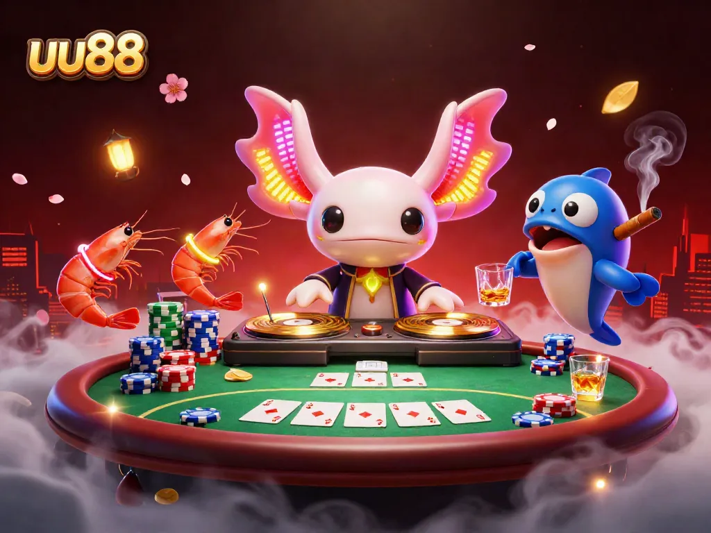 Engage in exciting casino vibes with uu88, featuring a neon axolotl DJ and animated sea creatures in a vibrant underwater setting.