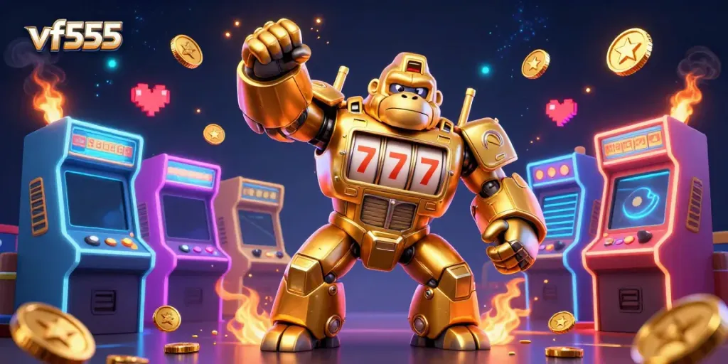 Experience vf555 excitement with a transformer gorilla mech, slot machines, and 3D arcade elements in a vibrant casino scene.