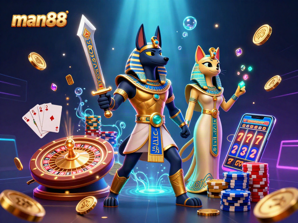 Win big with man88 at the casino featuring Anubis and Bastet among vibrant gaming elements.