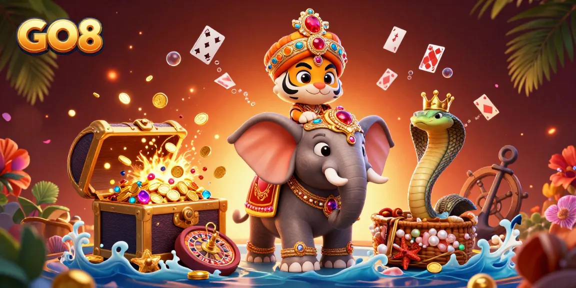 Experience the excitement of GO8 casinos with a colorful, dynamic 3D rendering featuring iconic gambling elements.