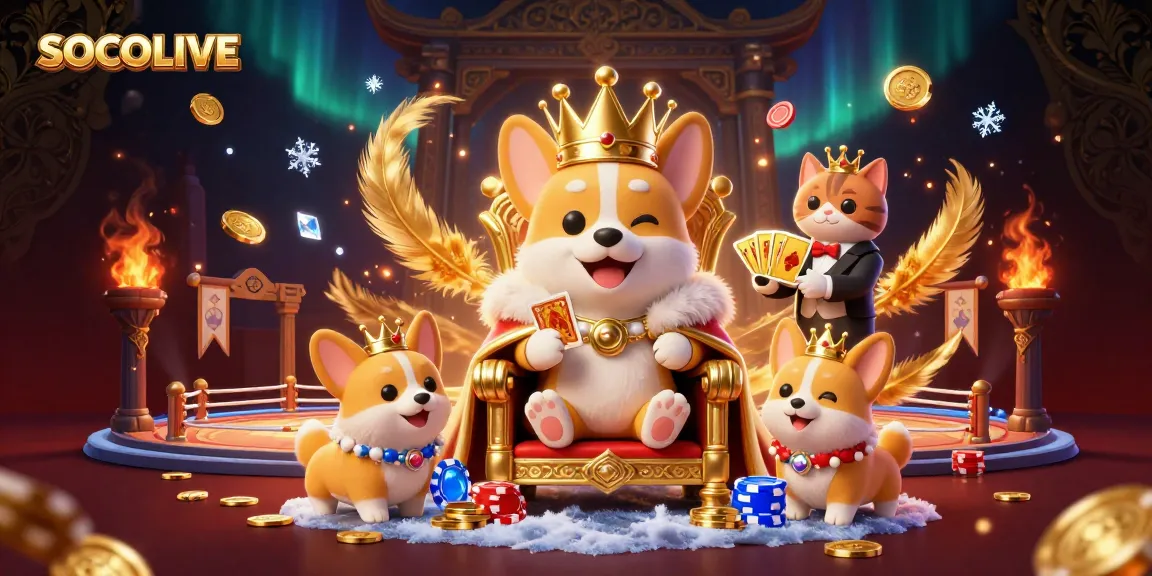 SOCOLIVE enhances your gaming excitement with a royal corgi and a cat butler amidst vibrant casino elements.