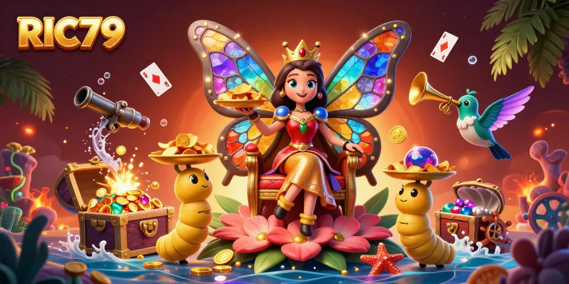 Engage with RIC79's vibrant gaming world featuring a butterfly queen and treasure-filled scene.