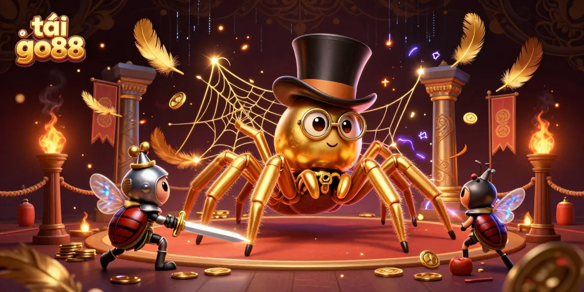 Immerse in the game with tải go88 as a giant tarantula weaves a golden web in a vibrant casino scene.