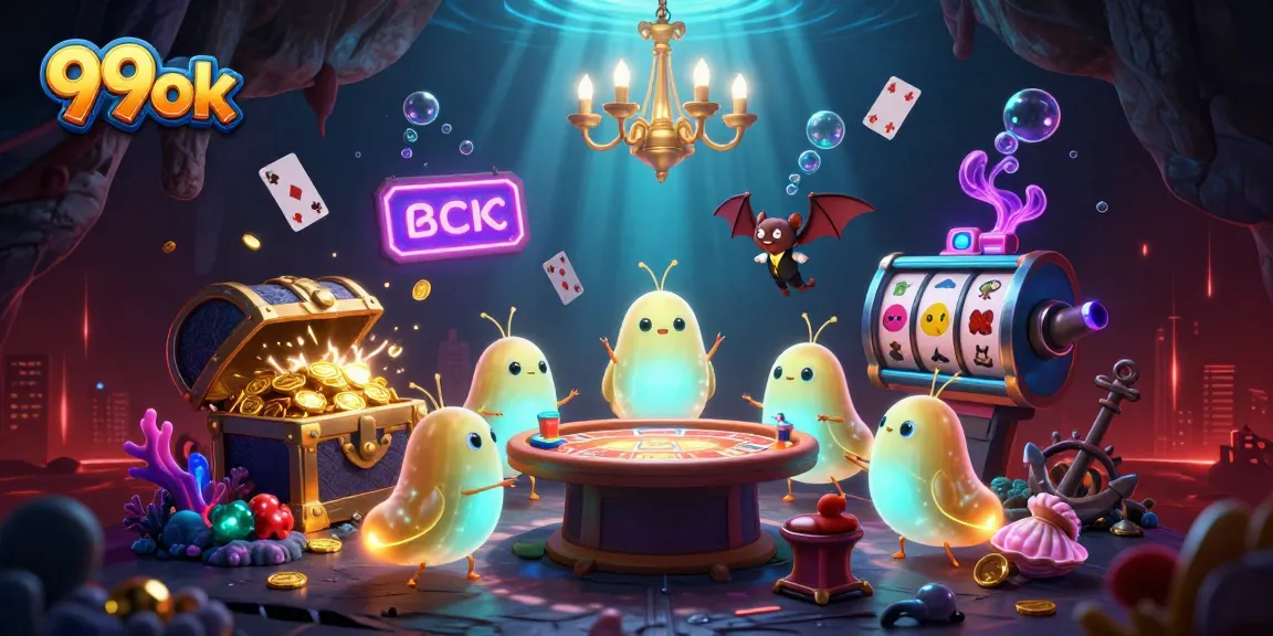 Immerse in 99ok's dynamic cave casino scene with glowworms, treasures, and excitement.