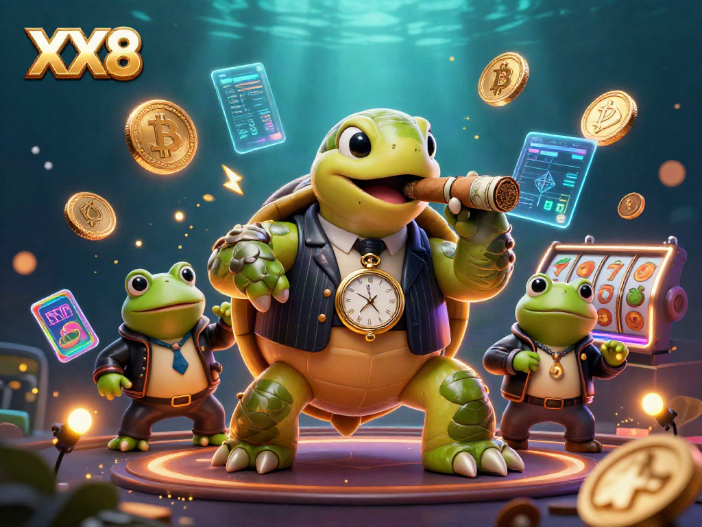 Engage in thrilling gameplay at XX8 with a vibrant 3D casino scene featuring crypto elements.