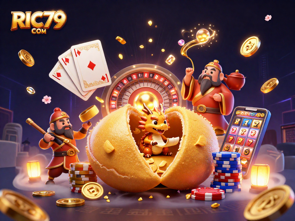 Play exciting games at RIC79 COM with a vibrant illustration of lucky symbols and casino elements.