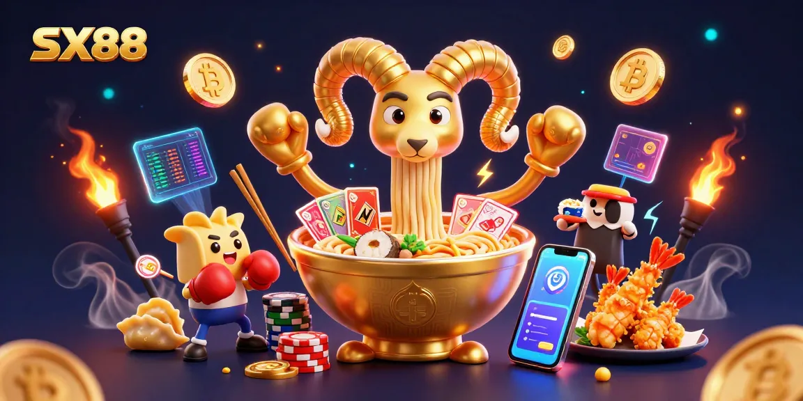 SX88 engages in exciting card dealing among gold ramen characters in a vibrant casino scene.