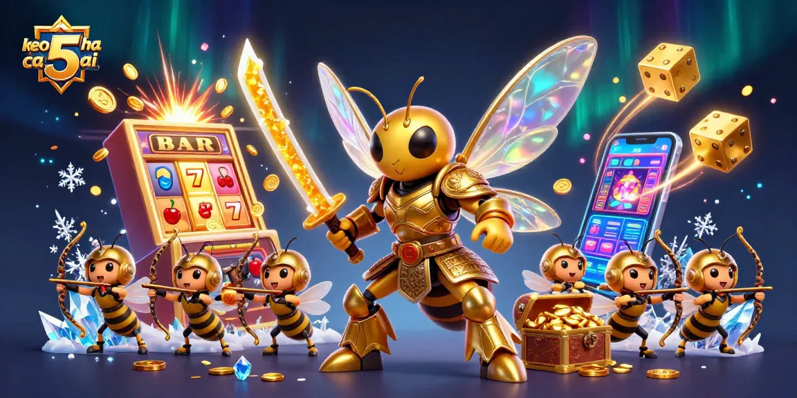 Engage with keo nha cai 5 as the golden hornet samurai and bee archers celebrate casino action amidst a jackpot explosion.